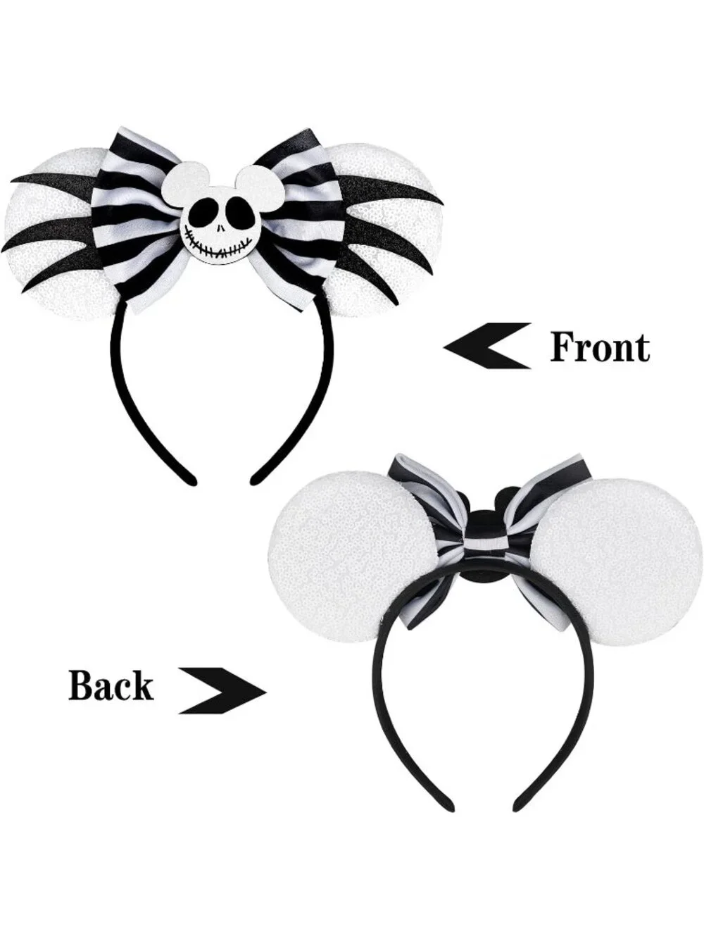 Women Black White Sequin Handmade Mickey Mouse Headband 2 Pieces